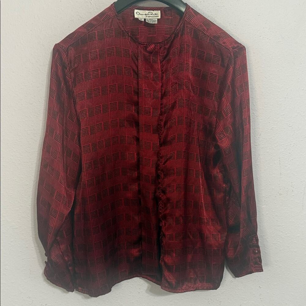 Vintage Oscar De La Renta Red and Black Plaid Longsleeve Blouse Size 8